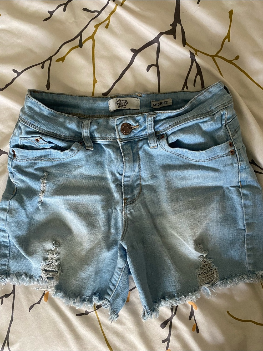 Women’s Light Blue Distressed Mid-Rise Denim Shorts